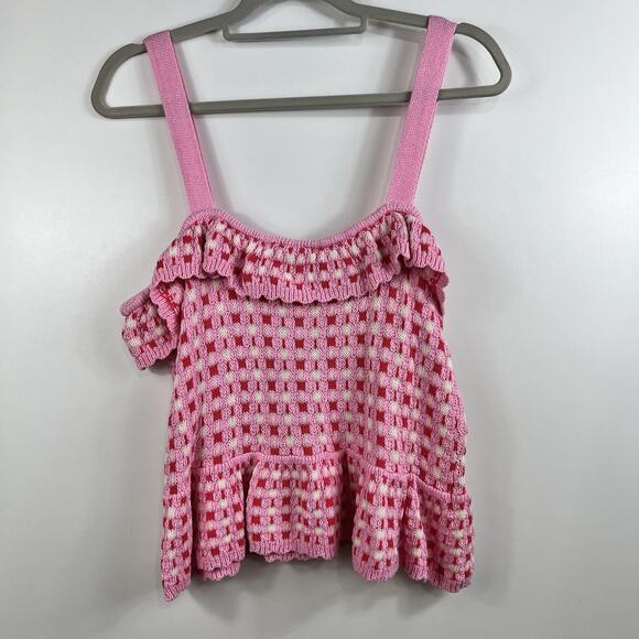 New Paid Crochet Entro Pink Red Knit Ruffle Crop Top Large Cotton Boho Kidscore - Picture 7 of 13